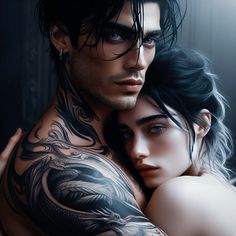 a man and woman with tattoos on their arms hugging each other in front of a dark background