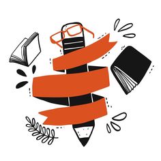 an orange ribbon with books and glasses on it