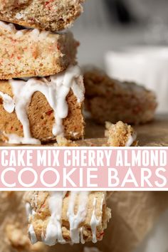 a stack of cake mix cherry almond cookie bars