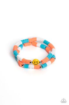 Coral, blue, and white rubber discs combine with sporadically placed silver beads to provide a vibrant pop of color along the wrist. Meeting in the center of one of the multi-shaded bracelets, a yellow bead with a smiley face, featuring stars for eyes, rests for a youthful finish.

Sold as one set of two bracelets. Vintage Paparazzi, In Smile, Orange Bracelet, Vip Group, Independent Consultant, For Eyes, Paparazzi Accessories, Stretchy Bracelets, Matching Accessories