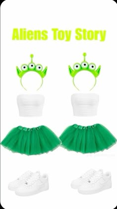 two green and white items with the words aliens toy story on them