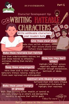 Plotting A Story, Villain Story Ideas, How To Write A Funny Character, Good Plots For Stories, How To Write A Villain, Story Conflict, Character Conflict, Plot Development, Plot Ideas