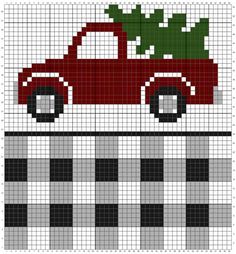 a red car with a christmas tree on the roof is shown in cross stitch pattern