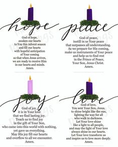 four different types of candles with the names of each candle on them, all in purple and