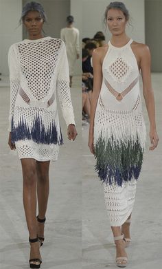 two models walking down the runway in dresses made from crochet and knits