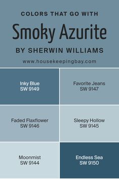 Colors that Go With Smoky Azurite SW 9148 by Sherwin Williams Smokey Blue Paint, Sherwin Williams Blue Paint Colors, Blue Sherwin Williams, In Home Library, Sherwin Williams Paint, Paint Blue, Office Paint, Modern Coastal Decor