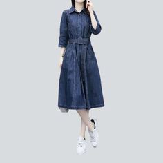 Elevate your style with our classic shape and flare jeans dress from our 2023 Autumn Collection! Classic and stylish. this elegant piece is the perfect addition to any wardrobe.Why You'll Love ItThis proven denim dress is crafted with a medium wash. giving it a unique and eye-catching look. The shape and flare silhouette is textured to hug your curves in all the right places. while the breathable fabric ensures you stay casual while looking chic.Key Highlights: Classic Fit: The classic silhouett Casual Solid Color Denim Dress, Knee-length Washed Blue Denim Dress For Fall, Casual A-line Denim Dress For Fall, Fall Knee-length Washed Blue Denim Dress, Denim Dresses In Washed Blue For Fall, Washed Blue Denim Fall Dresses, Fall Denim Dresses In Washed Blue, Fall Washed Blue Denim Dresses, Denim Blue Dress For Work