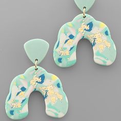 two pairs of earrings with blue and yellow designs on the front, one is shaped like a