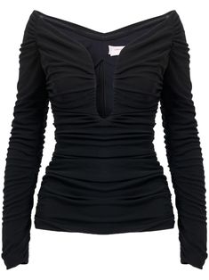 black ruched detailing plunging U-neck concealed rear zip fastening off-shoulder long sleeves straight hem Luxury Black Elegant Off-shoulder Top, Luxury Black Ruched Tops, Black Stretch Off-shoulder Top, Black Stretch Long Sleeve Off-shoulder Top, Black Stretch Elastane Off-shoulder Top, Affliction Clothing, Laundry List, Ruched Top, U Neck