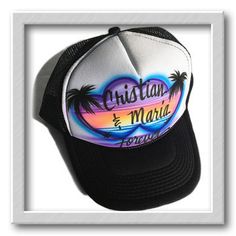 Airbrushed Trucker Hat * Couples * Beach Scene * Hearts by FreshAirShirts on Etsy Adjustable Personalized White Hats, Personalized Summer Trucker Hat With Curved Brim, Customizable White Flat Brim Trucker Hat, White Customizable Adjustable Hat, Customizable White Adjustable Hat, Customizable Adjustable White Hat, Personalized Snapback Hat For The Beach, White Summer Trucker Hat With Flat Bill, White Customizable Baseball Cap With Flat Brim