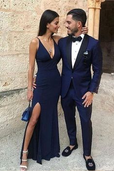 Simple A Line V Neck Mermaid Navy Blue Long Prom Dresses with Leg Slit – abcprom Blazer For Groom, Navy Blue Formal Dresses, Blue Long Prom Dresses, Blue Formal Dresses, Navy Blue Formal Dress, Prom Men, Wedding Speeches