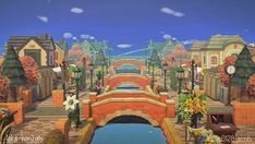 Towncore Animal Crossing Island, Animal Crossing Towncore Island, City Theme Animal Crossing, Animal Crossing Island City Theme, European City Acnh, Acnh Island Towncore, Canal Animal Crossing, Acnh Canal Street, Acnh Inspo Town