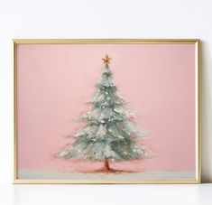 a painting of a white christmas tree on a pink background