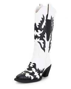 PRICES MAY VARY. These black and white cowboy/cowgirl boots are designed with classic embroidery, pull-on style, pointed toe, low mid-heel, rubber sole and comfortable lycra lining. The 2.25 inches chunky heel is easy to walk around. This style of white cowboy boots are made to be comfortable and breathable. You can wear these knee-high cowboy boots anywhere, from country side music festivals to line dancing, wedding, western theme party, rodeo or shopping. The boot upper is made of top quality Dancing Wedding, Wedding Western, Knee High Cowboy Boots, Classic Embroidery, Boots Mid Calf, White Cowboy Boots, Western Theme Party, Western Women, Womens Chunky Heels