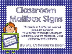 classroom mailbox signs with blue polka dots and a girl holding a sign in her hand