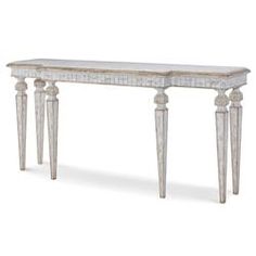 a white console table with two legs and a marble top on an isolated surface, viewed from the front