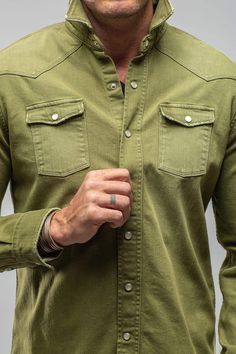 Ranger Snap Shirt In Avocado - AXEL'S Western Style Relaxed Fit Shirt With Button Closure, Rugged Washed Long Sleeve Shirt, Rugged Long Sleeve Washed Shirt, Distressed Long Sleeve Tops For Rodeo, Western Style Shirt With Snap Buttons And Relaxed Fit, Fall Washed Unstructured Shirt, Unstructured Washed Shirt For Fall, Long Sleeve Washed Tops For Rodeo, Pre-washed Unstructured Button-up Shirt