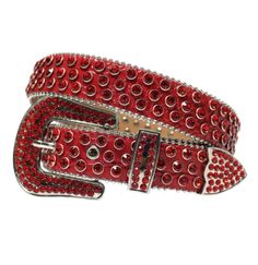 "Rhinestone leather belt. Available in sizes Small and Medium. Belts are thick, sturdy and excellent quality with sparkling stones. Color is red with red stones. S will fit waist size 30\"-32\". Total length of the belt is 42\" including buckle. M will fit waist size 32\"-34\". Total length of the belt is 44\" including buckle." Belt Store, Cowboy Buckle, Rhinestone Belt Buckle, Bling Belts, Cowgirl Bling, Red Studs, Red Belt, Rhinestone Belt, Studded Belt