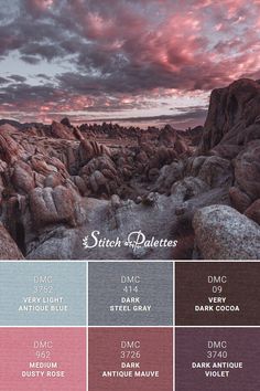 the color palette is shown in shades of pink, purple and grey with rocks on each side