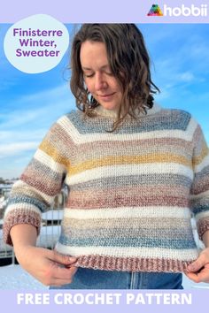 a woman wearing a multicolored sweater with text overlay that reads, free crochet pattern