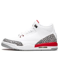 The Air Jordan 3 Retro GS 'Hall of Fame' is a special edition sneaker that commemorates the 30th anniversary of Michael Jordan's first All-Star MVP award and his second Slam Dunk Contest win. Designed as a Player Edition originally, this sneaker was auctioned off to support Hurricane Katrina relief efforts. The white, black, and Cement Grey leather upper is detailed with elephant print details, bold Fire Red accents, and a Jumpman logo on the heel, making this shoe not only stylish but also super comfortable. (AJ3/SNKR/Mid Top/Basketball) Jordan Shoes With Speckled Midsole For Sports, Low-top Jordan Shoes With Speckled Midsole For Sports, White Sports Sneakers With Speckled Midsole, White Sport Sneakers With Speckled Midsole, Air Jordan 4 High-top With Speckled Midsole For Sports, Air Jordan 4 With Speckled Midsole For Sports, White Air Jordan 4 Sport Shoes, White Synthetic Air Jordan 4 With Boost Midsole, White Sporty Air Jordan 4 For Sports