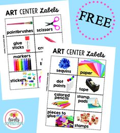 art center labels with scissors, crayons, glue sticks and other crafting supplies