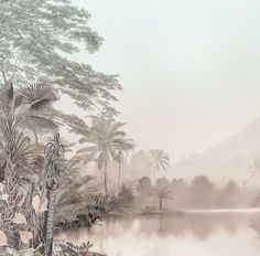 a painting of trees and water with mountains in the backgrounnd, on a foggy day