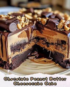 a chocolate peanut butter cheesecake cake on a plate