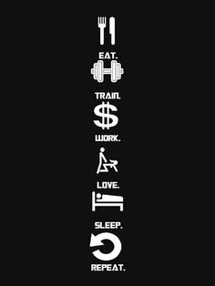 the words eat, train, sleep, and repeat in white on a black background