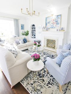 a living room filled with furniture and a fire place in the middle of a room