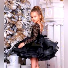 Black Satin And Sequin Nwot Black Party Gown, Christmas Pageant Dress, Ruffle Flower Girl Dress, Gown Christmas, Black Flower Girl Dress, Sequin Flower Girl Dress, Long Flower Girl Dresses, Glitter Wedding Dress