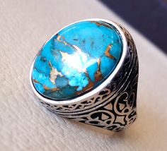 Man Ring Copper Turquoise Natural Stone Sterling Silver 925 Oval Cabochon Semi Precious Gem Ottoman Arabic Style All Sizes Jewelry - Etsy Turquoise Jewelry Rings, Turquoise Jewelry Native American, Semi Precious Gems, Ring Men, Copper Turquoise, Silver Jewelry Rings, Jewelry Wedding, 925 Jewelry, Turquoise Gemstone