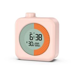 the alarm clock is pink and orange