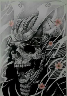 a black and white drawing of a skull wearing a helmet with flowers in the background