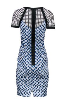 Hey, stop 'meshing' around and get back to work in this Karen Millen sheath dress! Made with a hip-hugging silhouette, this short sleeved beauty is accented with contrasting printed mesh for a modern touch to a workplace staple. Size 4 71% Acetate, 26% Polyamide, 3% Elastane Sheath silhouette Rounded neckline Short, mesh sleeves and inserts Fully lined Zippered back Waist 24" Bust 26.5" Total length 38" Fitted Short Sleeve Bodycon Dress For Date Night, Formal Short Sleeve Stretch Mini Dress, Formal Stretch Mini Dress With Short Sleeves, Summer Bodycon Dress For Work, Fitted Short Sleeve Mini Dress For Work, Stretch Short Sleeve Bodycon Evening Dress, Evening Stretch Bodycon Dress With Short Sleeves, Fitted Mesh Bodycon Dress, Fitted Mesh Knee-length Dress