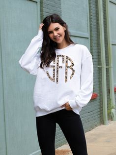 Leopard and a Monogram...YES PLEASE! It's a classic sweatshirt with a trendy twist. Crew Neck with ribbed collar, waistband and cuffs. Available in sizes Small-3XL. 100% cotton. Choose from 4 different monogram styles. The monogram is sublimated onto the sweatshirt. *When previewing your monogram, the monogram will show as a solid color. The sweatshirt will be printed with the leopard pattern. Initial Sweatshirt, Baseball Monogram, Monogram Sweatshirt, Applique Monogram, Monogram Styles, Leopard Pattern, Yes Please, Getting Cozy, White Sweatshirt