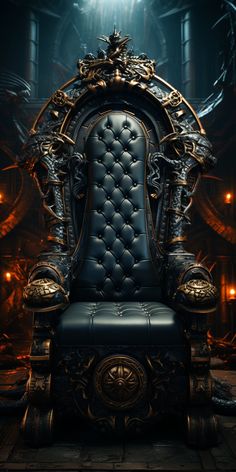 an ornate chair in the middle of a dark room