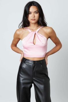 Pink Crop Tops Glamorous Satin Halter Top, Spring Satin Stretch Halter Top, Stretch Satin Halter Top For Party, Stretch Satin Halter Neck Top, Spring Satin Halter Top, Party Satin Stretch Halter Top, Stretch Satin Halter Top For Evening, Evening Satin Stretch Halter Top, Glamorous Satin Halter Neck Top