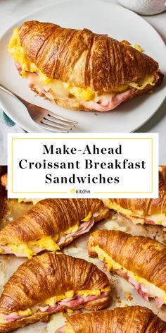 croissant breakfast sandwiches on white plates with text overlay that reads make - ahead croissant breakfast sandwiches