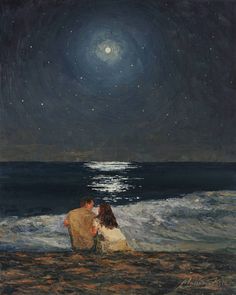 a painting of two people sitting on the beach at night