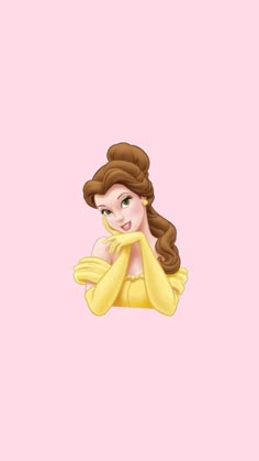 a cartoon character with long brown hair wearing a yellow dress and holding her hand to her face