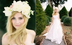 a woman in a white dress and flowers on her head is wearing a flower crown