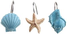 three seashells are hanging from hooks in the shape of starfish and sea shells