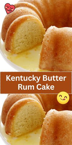 two bundt cakes sitting on top of a white plate with the words kentucky butter rum cake