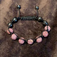 Adjustable Black And Pink Rhinestone Bracelet, Great Condition, Never Worn Pink Adjustable Crystal Bracelet With Rhinestones, Pink Jewelry With Adjustable Black Beads, Adjustable Pink Crystal Bracelet With Rhinestones, Pink Rhinestone Beaded Bracelet As Gift, Adjustable Black Crystal Bracelet With Rhinestones, Black Bling Bracelets As Gift, Adjustable Round Bling Bracelets, Adjustable Black Crystal Rhinestone Bracelet, Adjustable Black Bling Jewelry