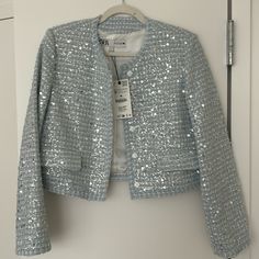 Zara Light Blue Sequined Jacket Nwt Medium Blue Evening Outerwear For Fall, Blue Evening Blazer For Spring, Zara Light Blue Long Sleeve Outerwear, Elegant Zara Cropped Jacket For Spring, Blue Winter Outerwear For Evening, Blue Long Sleeve Party Outerwear, Zara Light Blue Spring Blazer, Zara Light Blue Blazer For Spring, Zara Light Blue Long Sleeve Blazer