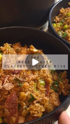 two black pans filled with food on top of a table