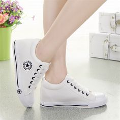 Material: Canvas, Canvas • Type: Solid, Lace-Up, Casual Shoes, Wedges • Heel Height: Med (3cm-5cm) • Material: Rubber • Sneakers Women: Women Sneakers • White Shoes: White Sneakers • Tenis Feminino: Tenis Feminino • Basket Femme: Basket Femme Brown Wedges Outfit, Wedges Shoes Outfit, Rubber Shoes For Women, Shoes For Women Sneakers, Korean Shoes, White Canvas Shoes, Rubber Sneakers, White Shoes Sneakers, Sneakers Puma