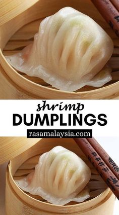 two pictures of dumplings with chopsticks in them and the words har gw shrimp dumpling