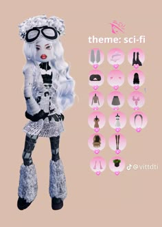 an image of a doll with many different outfits and accessories on her face, including glasses